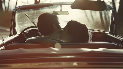 Couple kissing in a vintage convertible during sunset, creating an intimate atmosphere, AI