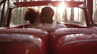 Romantic moment of a couple kissing in a red convertible with a forest and sunset background, AI