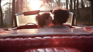 A couple sharing an intimate kiss in a red convertible in the woods at sunset, AI generated