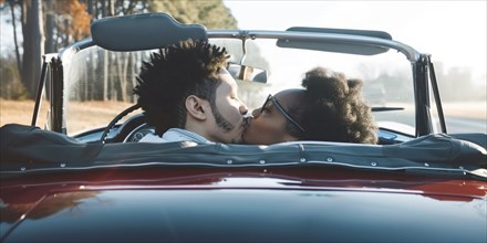 Couple kissing in a red convertible with an autumn backdrop and intimate setting, AI generated