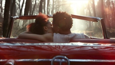 Couple sharing a kiss in a red convertible in a wooded area during morning light, AI generated