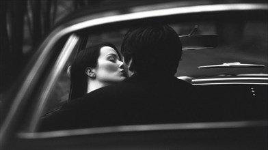 Couple kissing intimately in a monochrome vintage car, captured in black and white, AI generated