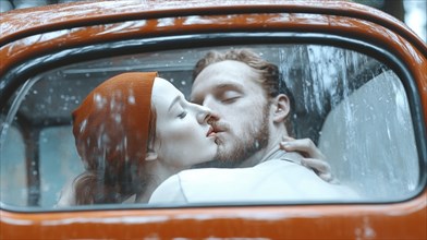 Couple kissing in an orange vintage car, shared in a serene forest on a rainy day, AI generated