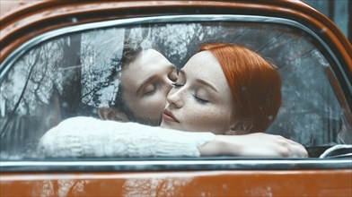 Couple sharing an intimate moment in an orange vintage car on a rainy day, AI generated