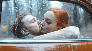 Couple embracing in a rainy forest inside an orange vintage car, AI generated