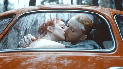 Couple kissing passionately inside a red vintage car during a rainy day in the forest, AI generated