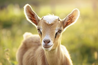 Goat kid in sunny meadow. Generative AI, AI generated