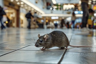 Close up of small rat on floor in shopping mall in city. Generative Ai, AI generated