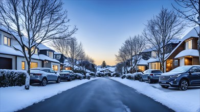 A serene suburban street in winter with snow, AI generated