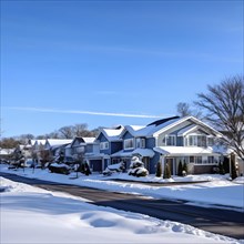 A serene suburban street in winter with snow, AI generated