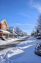 A serene suburban street in winter with snow, AI generated