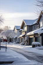 A serene suburban street in winter with snow, AI generated