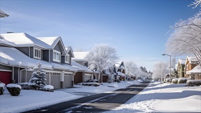 A serene suburban street in winter with snow, AI generated