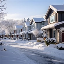 A serene suburban street in winter with snow, AI generated