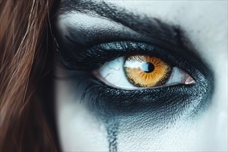 Woman's dark Halloween eye makeup with orange contact lenses. Generative Ai, AI generated