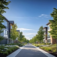 A serene suburban street with blooming plants under a bright sky, AI generated