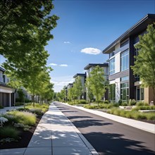 A serene suburban street with blooming plants under a bright sky, AI generated