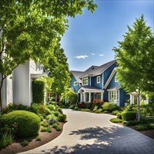 A serene suburban street with blooming plants under a bright sky, AI generated