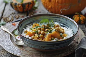 Bowl with curry with pumpkins, chick peas and jasmin rice. Generative Ai, AI generated