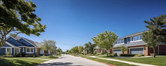 A serene suburban street with blooming plants under a bright sky, AI generated