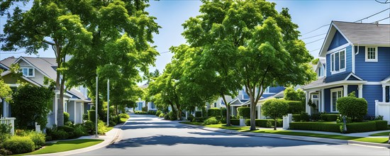 A serene suburban street with blooming plants under a bright sky, AI generated