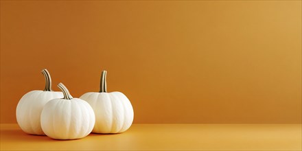 Banner with three large white pumpkins on orange background with copy space. Generative Ai, AI