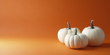 Three white pumpkins on orange background with copy space. Generative Ai, AI generated