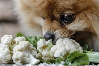 Close up of cute Pomeranian dog eating raw cauliflower vegetable. Generative AI, AI generated