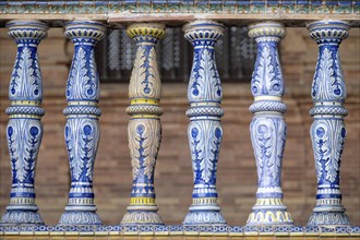 Coloured azulejos, bridge railings, Plaza de Espana, Seville, Andalusia, Spain, Europe