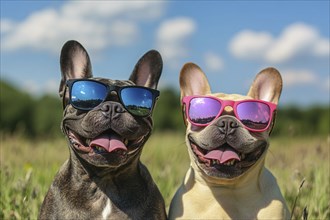 Pair of black and fawn cute happy French Bulldog dogs wearing sunglasses in summer in front of