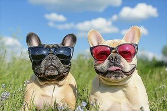 Pair of funny French Bulldog dogs wearing sunglasses in summer on hot day. Generative Ai, AI