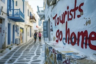 Graffiti with text 'Tourists go home' sprayed on white wall as part of anti-tourism protests, AI