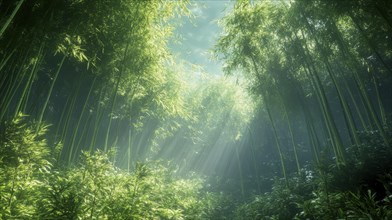 Sunlight streams through a verdant bamboo forest, illuminating the lush green foliage below, AI