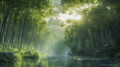 Mist rises over a tranquil river in a green bamboo forest with distant mountains bathed in morning