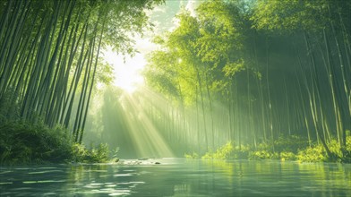 Sunlight filters through a lush bamboo forest, casting a serene glow on a calm river, AI generated