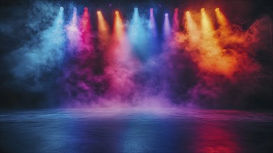 A lively stage filled with colorful spotlights and smoke creating a dynamic scene, AI generated