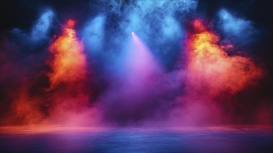 An electric atmosphere on stage with colorful spotlights and swirling smoke, AI generated