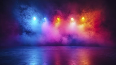 A dramatic stage scene with a mix of colorful spotlights and smoke creating a vivid atmosphere, AI