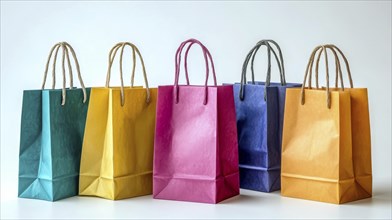 Five colorful paper bags on a white background, AI generated