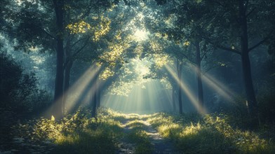 Sunbeams break through the forest canopy onto a lush green path, creating a magical and serene