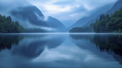 A calm lake with mist rising from the water, surrounded by mountains and reflecting a serene blue