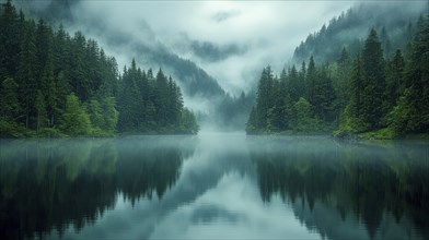 Fog-covered mountains and dense pine trees reflect in the mirror-like surface of a peaceful lake,