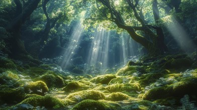 Sunlit rays penetrate through the forest canopy, highlighting the lush green moss and serene