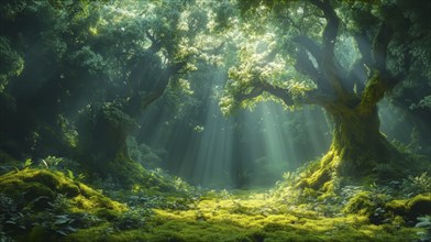 Sunlight beams break through the dense forest canopy, illuminating moss-covered trees and creating