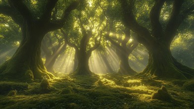 Whimsical forest scene with golden sunlight illuminating the green foliage and tree trunks, AI