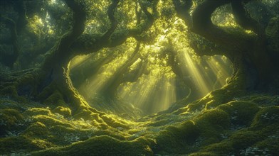 Enchanted forest with green foliage and sunlight streaming through tree branches, creating a