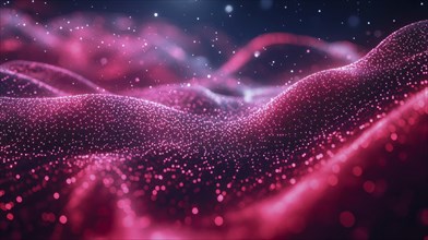 Abstract digital image showing pink glowing particles creating wave-like structures, AI generated