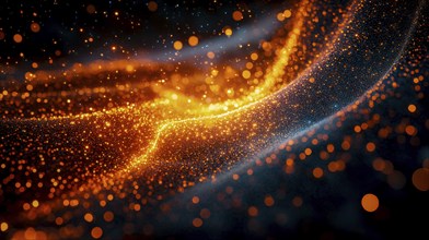 Abstract digital art with orange particles against a dark background, forming energetic wave