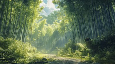 A sun-dappled path winds through a tranquil bamboo forest, AI generated