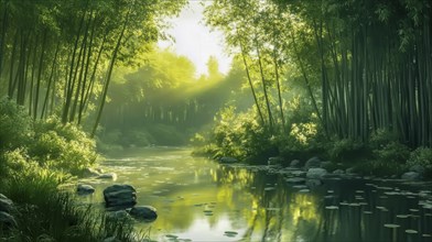 A serene forest river surrounded by bamboo and greenery, reflecting the sunlight, AI generated